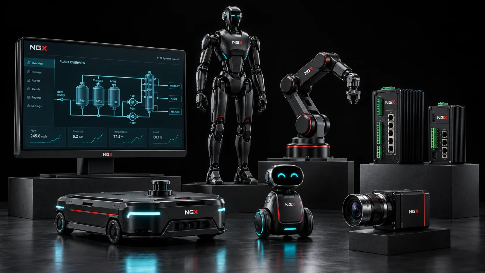 NGX product concepts: SCADA display, humanoid, industrial robot, mobile robot, education robot, controllers and vision camera